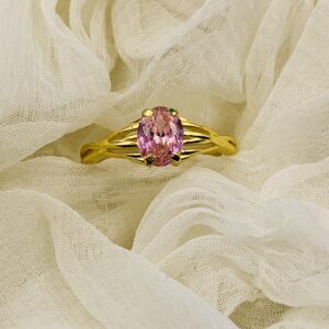 Gold Plated Pink Oval CZ Ring – 925 Silver Solitaire Ring for Women, Dainty Engagement or Promise Ring