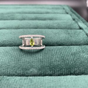 Sterling Silver Green Gemstone Ring, Wide Open Band Ring, Marquise Cut Statement Jewelry, Dainty CZ Ring Gift for Women